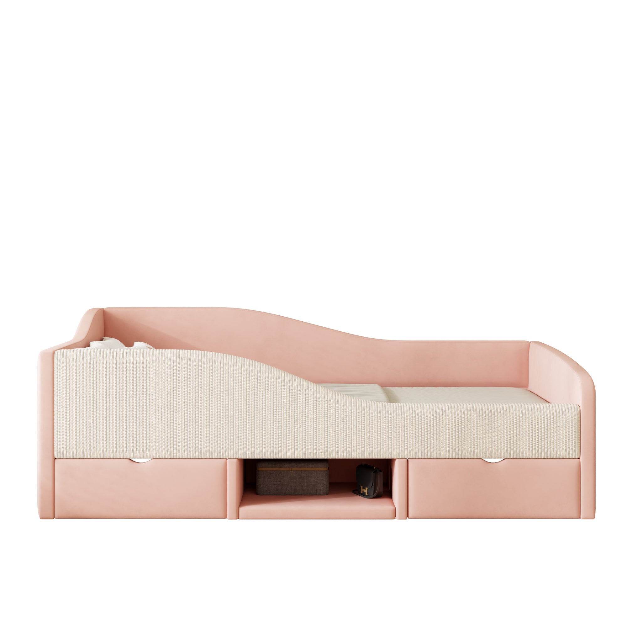Logidon gestoffeerd bed 90x190 roze crème wit fluweel stof twee lades
