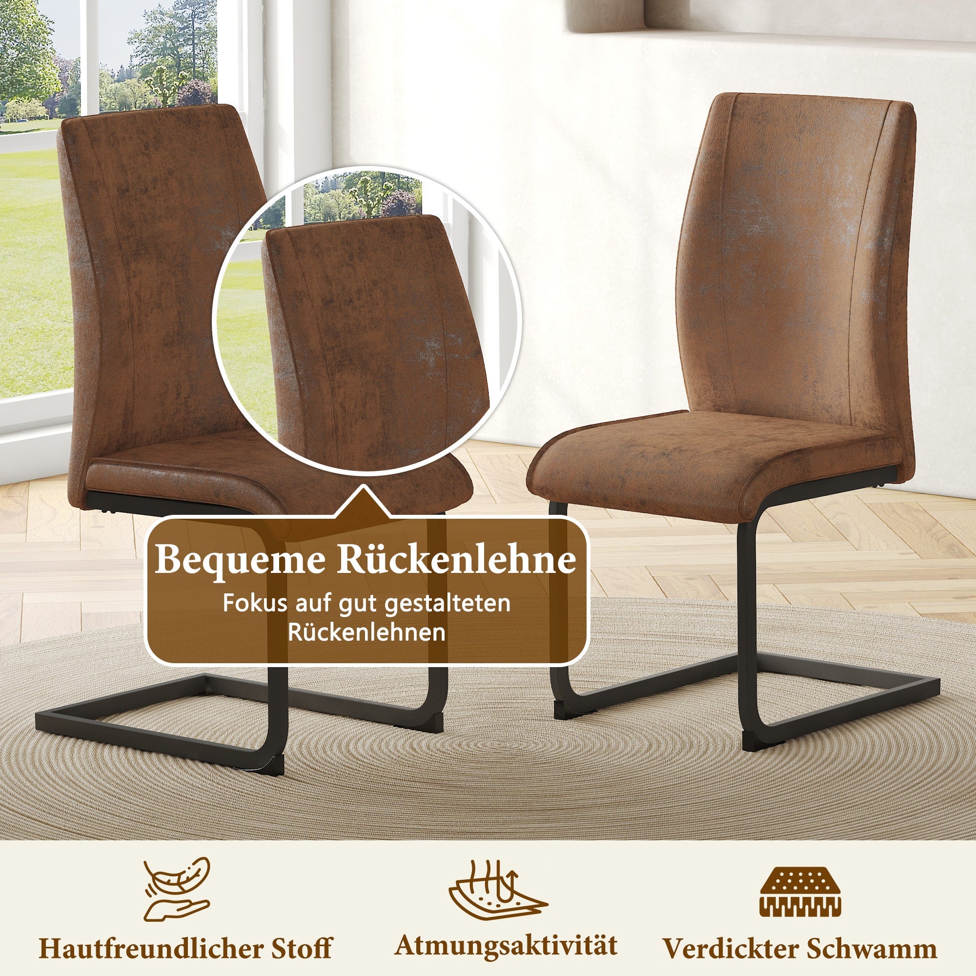 Logidon set van 2 bruine, ergonomische eetkamerstoelen met metalen frame
