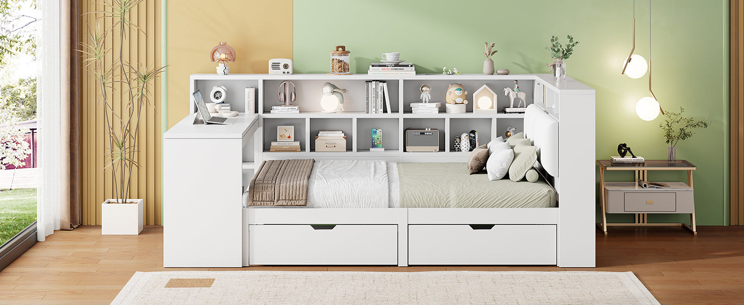 Logidon Hoekbed 140x200 L-vorm met Bureau Boekenplank Wit