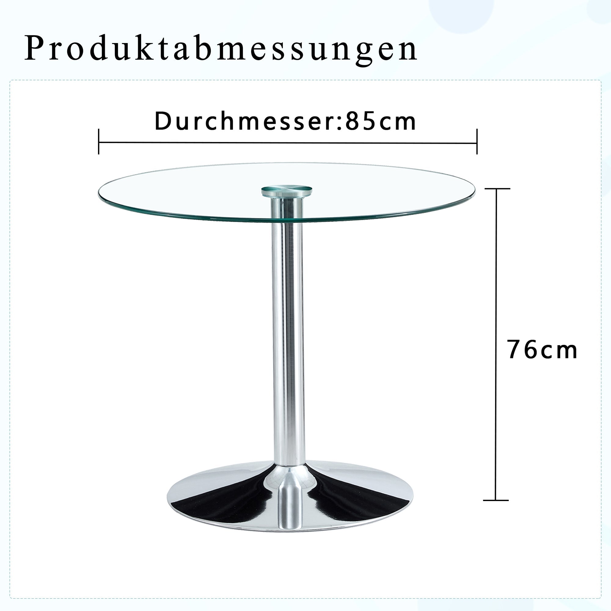 Logidon ronde glazen tafel 85 cm, 76 cm hoog transparant glazen metalen onderstel