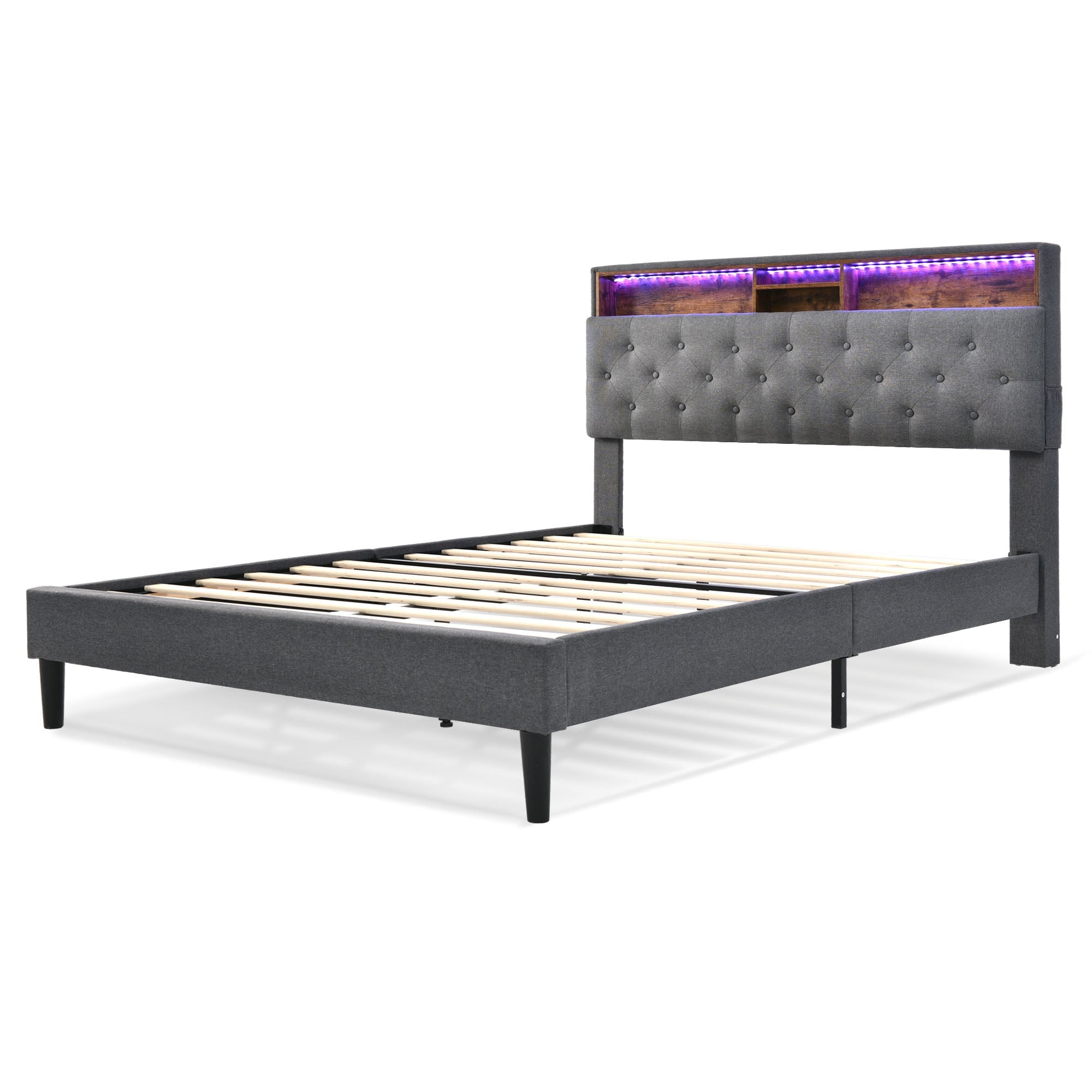 Logidon upholstered bed double bed with storage space headboard LED gray 140x200