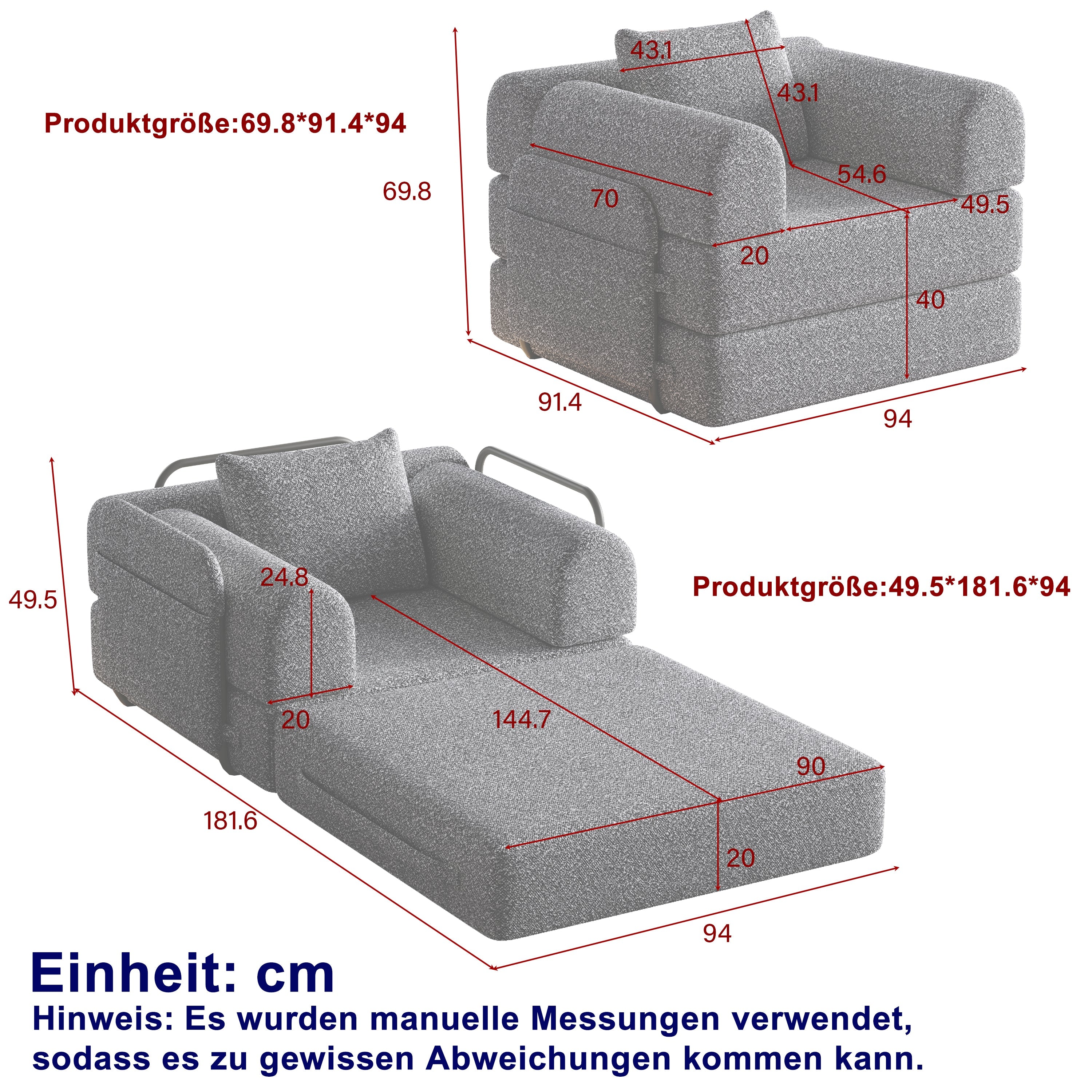 Logidon Chenille slaapbank 2-in-1 met opbergvak armleuning grijs fluweel