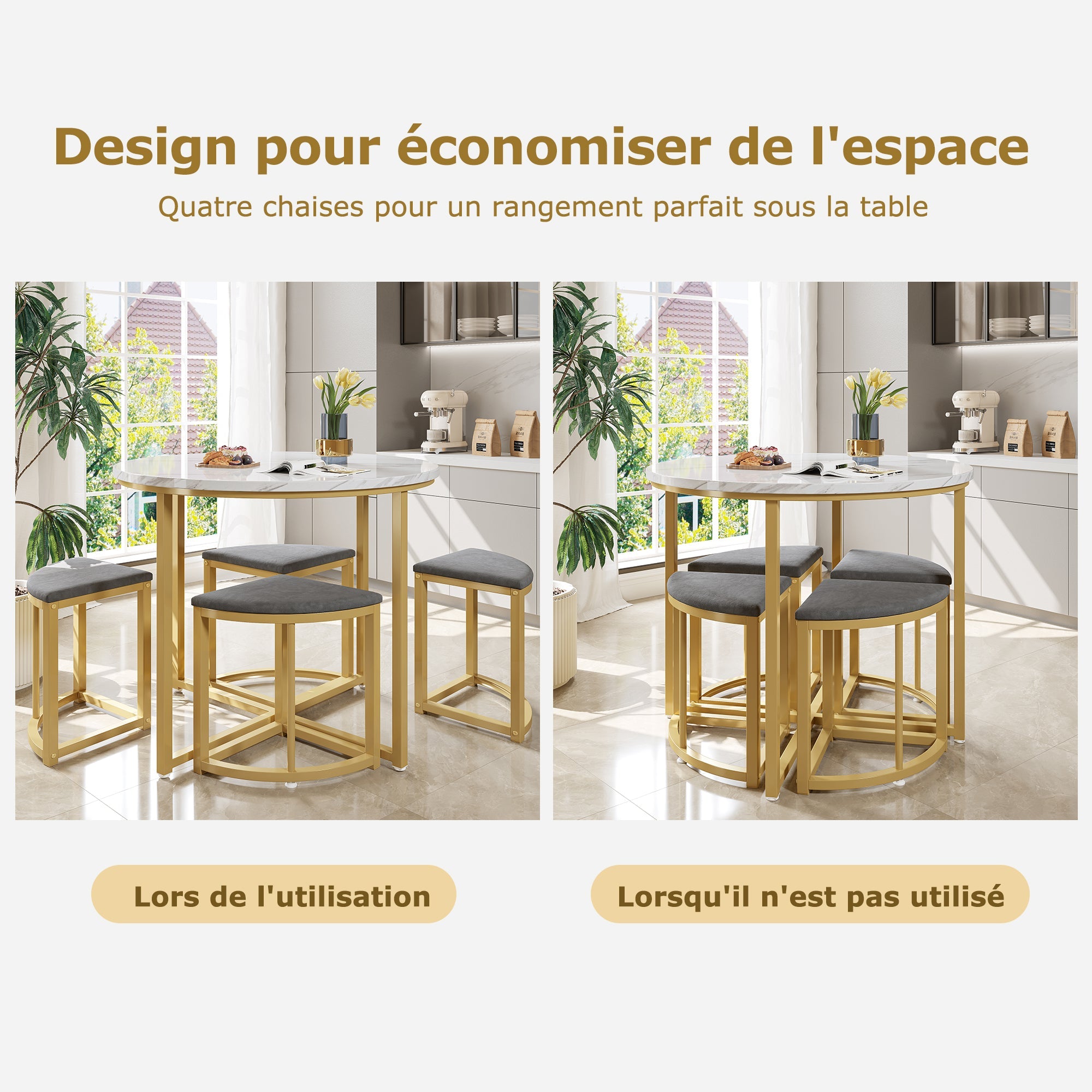 Logidon eettafelset grijs fluweel, 80x80 cm, gouden frame, 4 stoelen