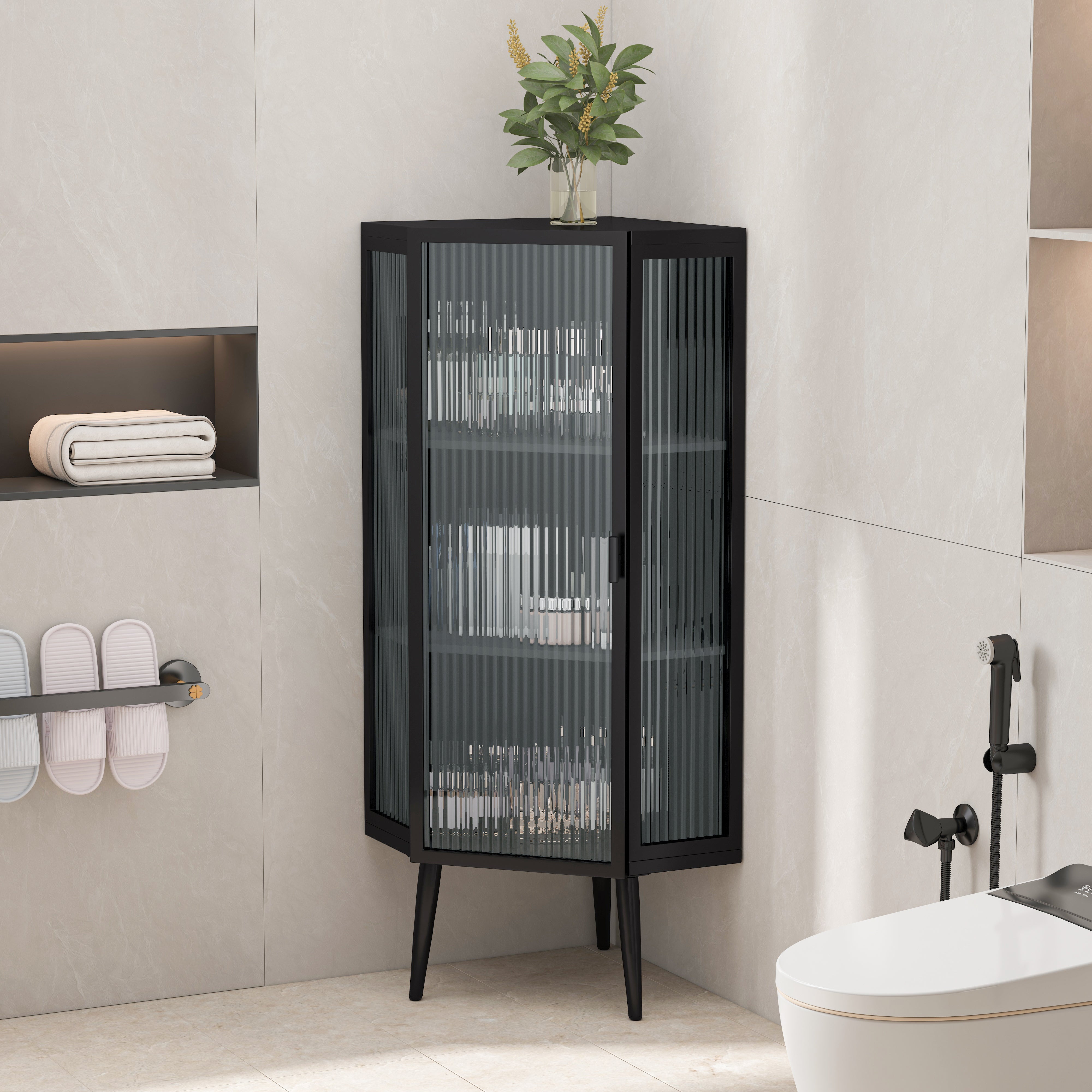 Logidon Hoekkast 56 cm Drie lagen met deuren van gehard glas Zwart