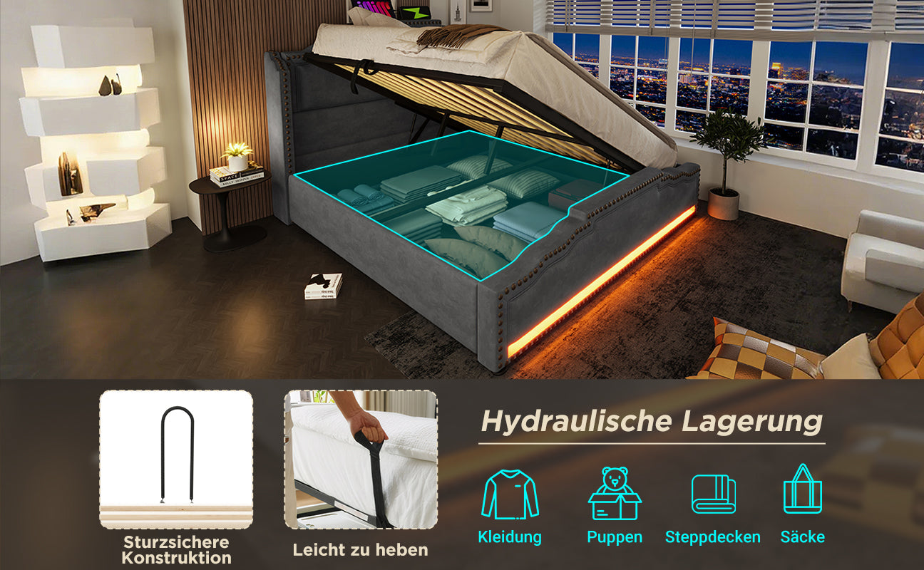 Logidon gestoffeerd bed 140x200 met hydraulische opbergruimte LED USB-C grijs