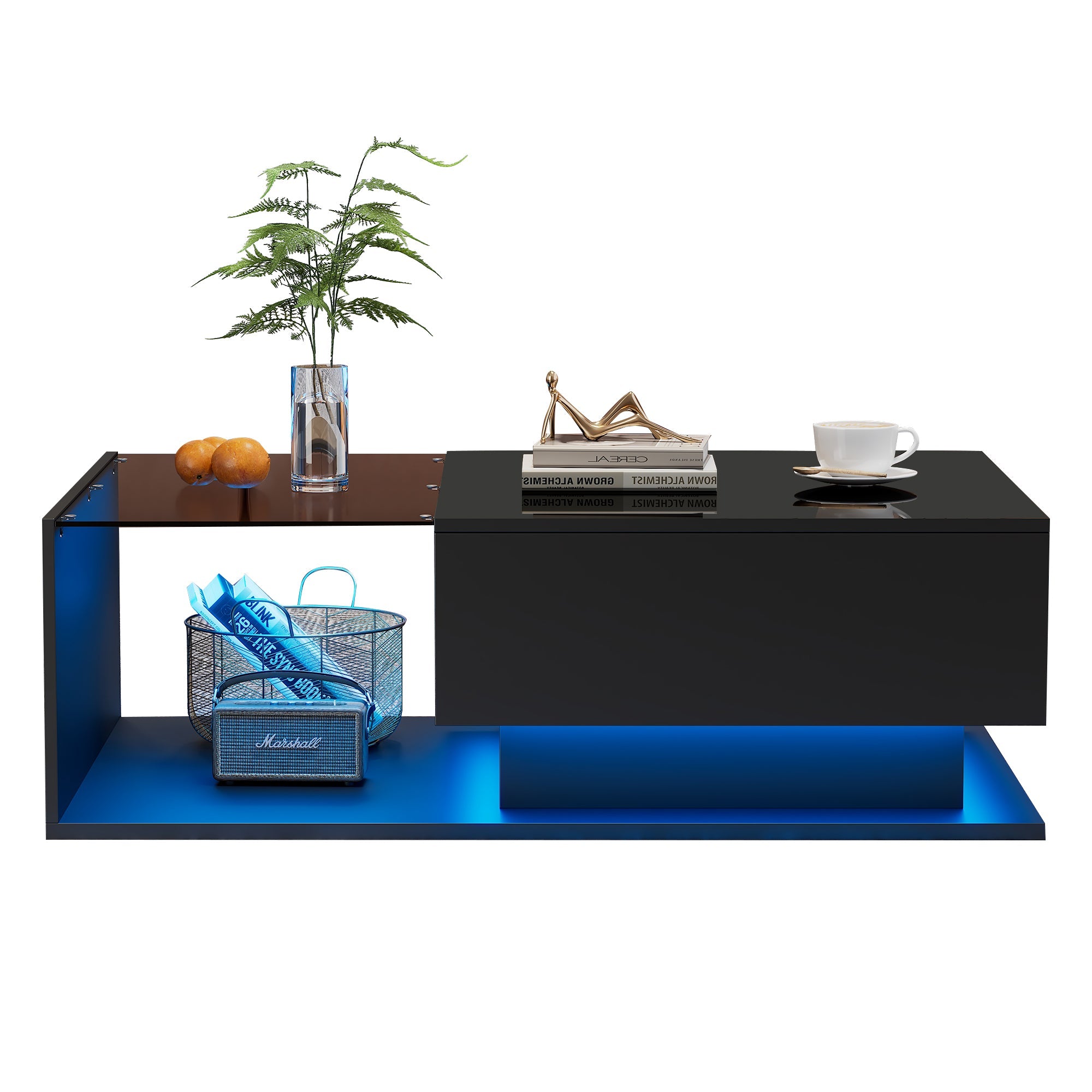 Logidon hoogglans zwarte salontafel 100x50x32 cm met glazen blad LED