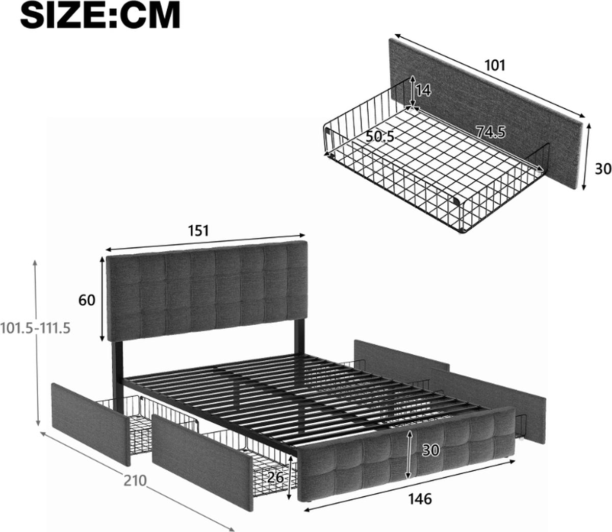 Merax Gestoffeerd Tweepersoonsbed 140 x 200 cm - Inclusief Matras - Hydraulisch Bed met lattenbodem en Matras 'Äì Grijs afbeelding 3
