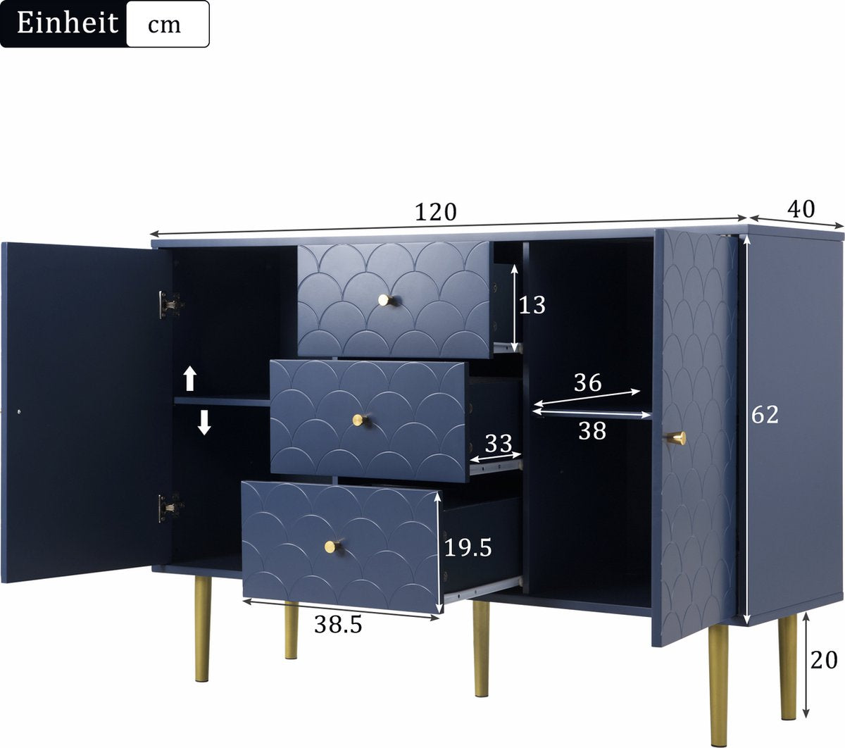 Merax Ladekast 120 CM - Commode Kasten met Lades en Deuren - Blauw afbeelding 3