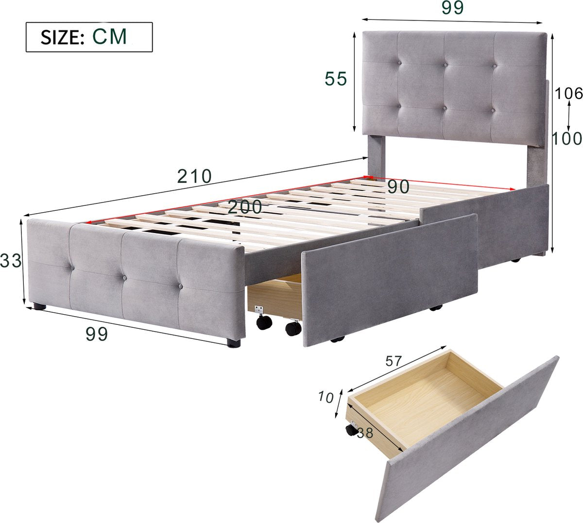 Merax Gestoffeerd Eenpersoonsbed met Lades 90 x 200 CM - Bed met Opbergruimte - Grijs afbeelding 4