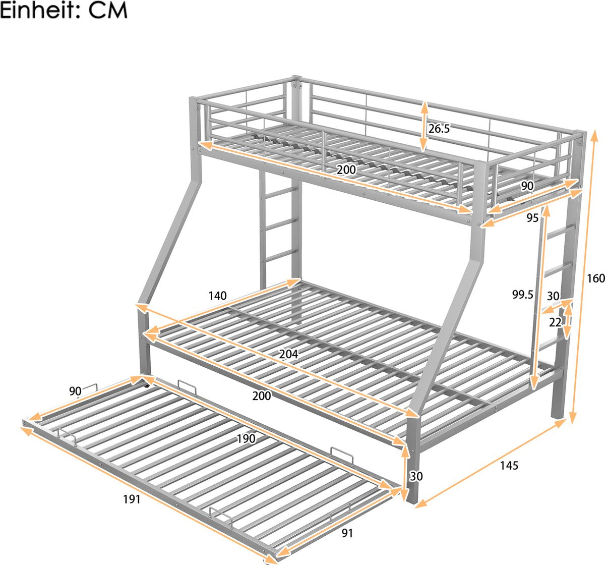 Merax Stapelbed voor 3 personen - 3 Persoons Bed met Onderschuifbed - Zilver afbeelding 2