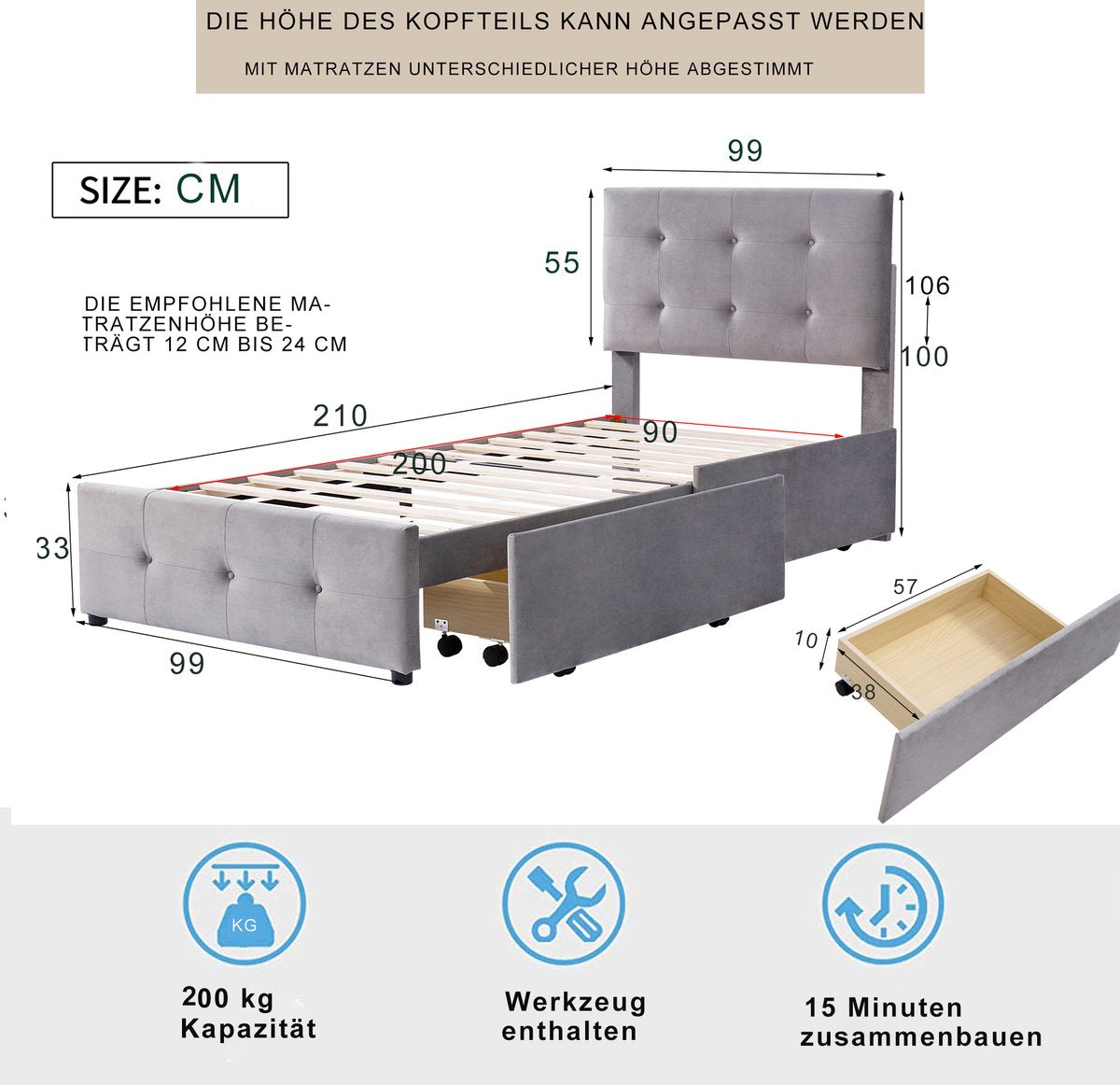 Merax Gestoffeerd Eenpersoonsbed met Lades 90 x 200 CM - Bed met Opbergruimte - Grijs afbeelding 9