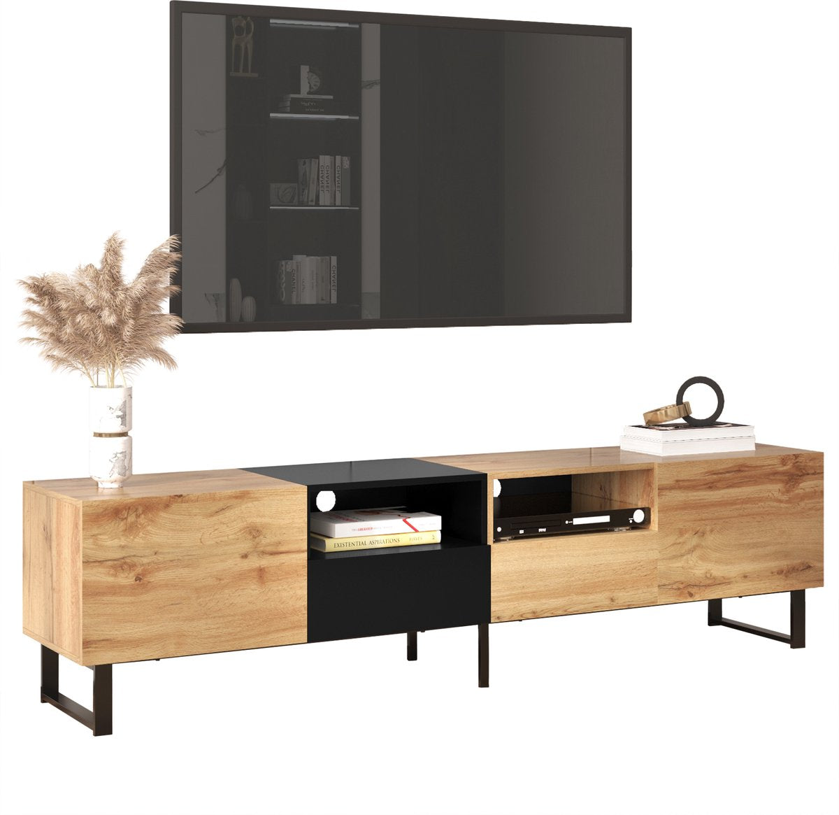 Merax TV-Meubel - Moderne TV Kast met Opbergruimte - Zwart met Bruin afbeelding 23