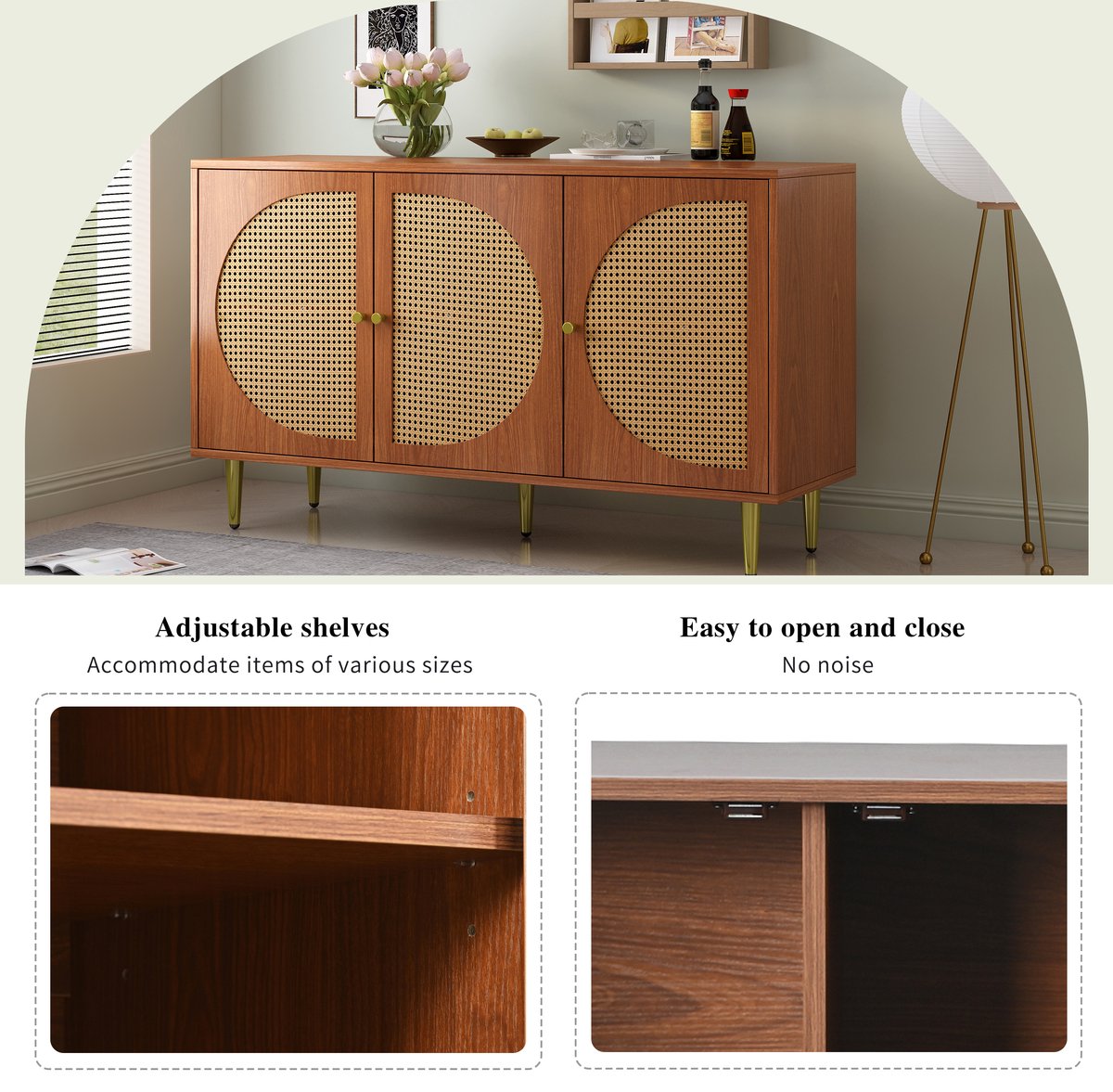 Merax Dressoir Houten Commode Kast - Dressoir met 3 Rotan Deuren - Bruin afbeelding 9