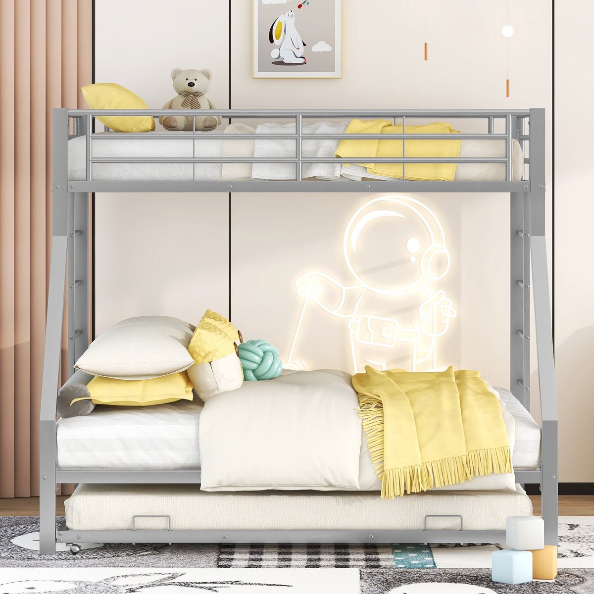 Merax Stapelbed voor 3 personen - 3 Persoons Bed met Onderschuifbed - Zilver afbeelding 5