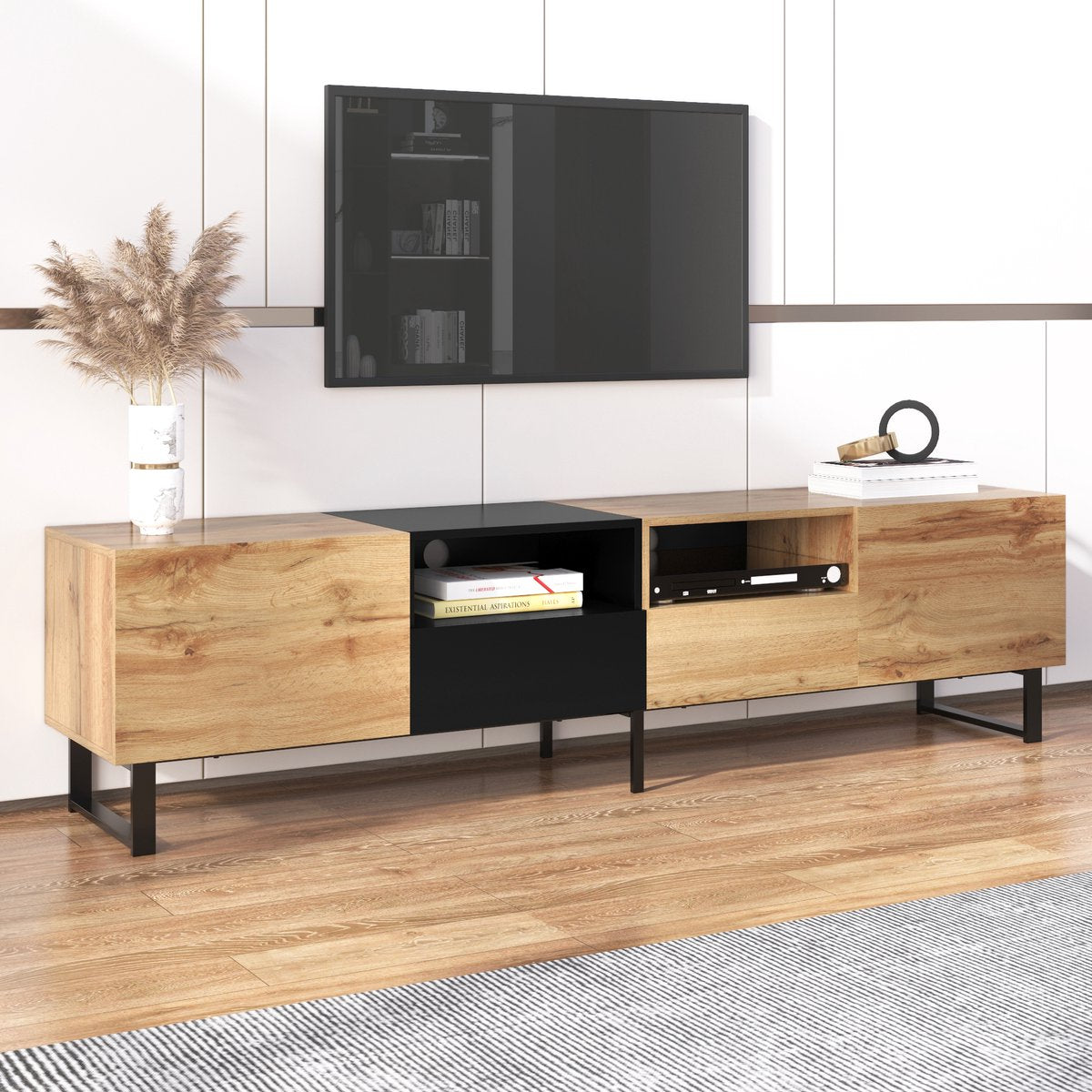 Merax TV-Meubel - Moderne TV Kast met Opbergruimte - Zwart met Bruin afbeelding 4