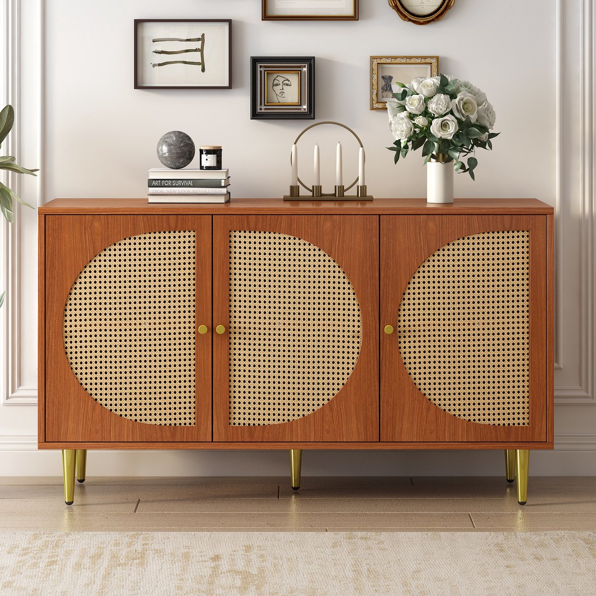 Merax Dressoir Houten Commode Kast - Dressoir met 3 Rotan Deuren - Bruin afbeelding 5