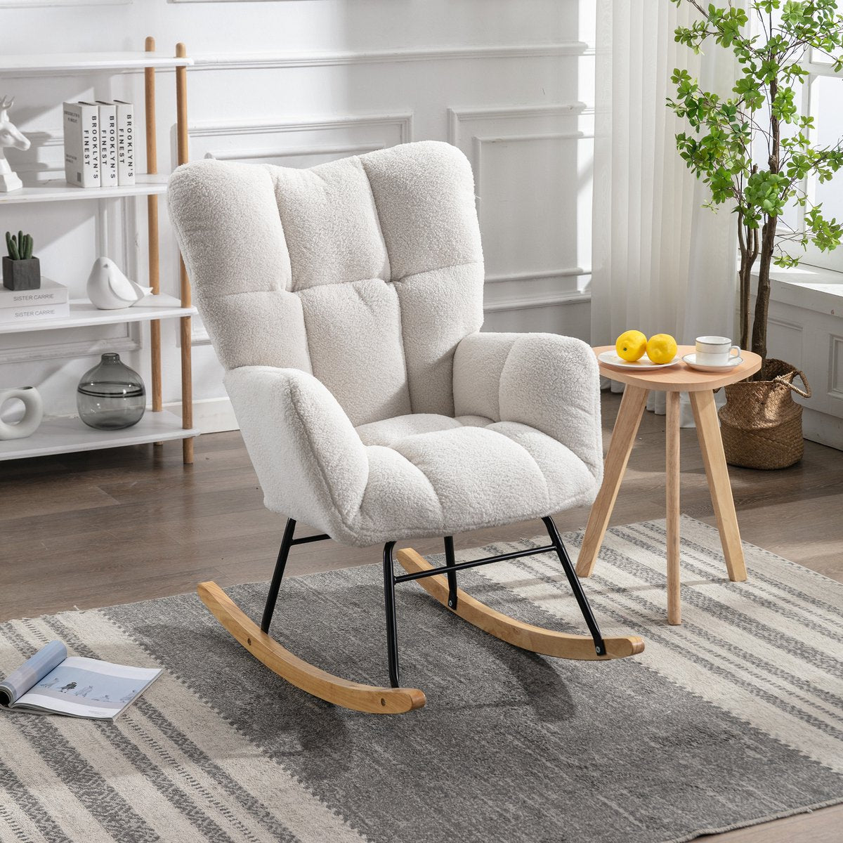 Merax Moderne Schommelstoel - Schommelstoel in Teddy Stof - Mid Century Fauteuil - Wit afbeelding 6