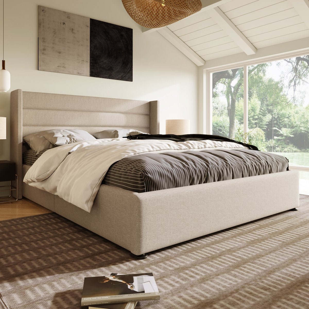 Merax Gestoffeerd Tweepersoonsbed 140 x 200 cm - Hydraulisch Bed met Lattenbodem - Beige afbeelding 6