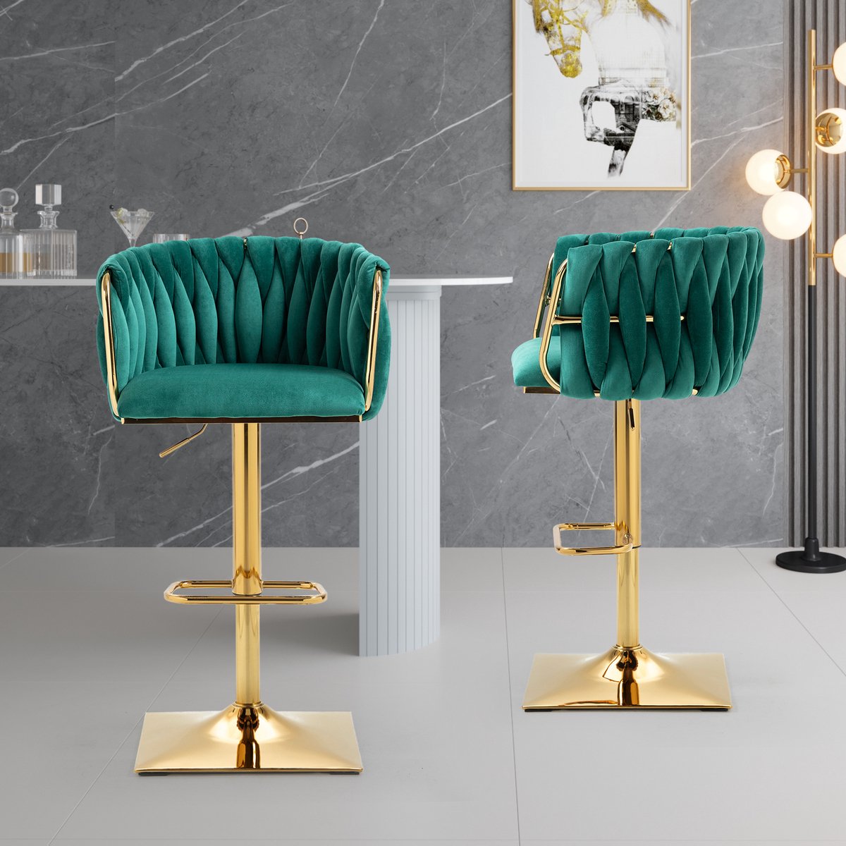 Merax Vintage Barkruk Set van 2 - Barkruk - Barstoel met Voetensteun en Rugleuning - Groen met Gouden afbeelding 15