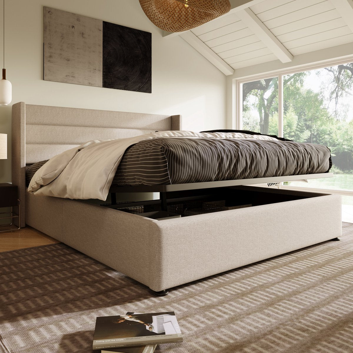 Merax Gestoffeerd Tweepersoonsbed 140 x 200 cm - Hydraulisch bed met lattenbodem - Beige afbeelding 18