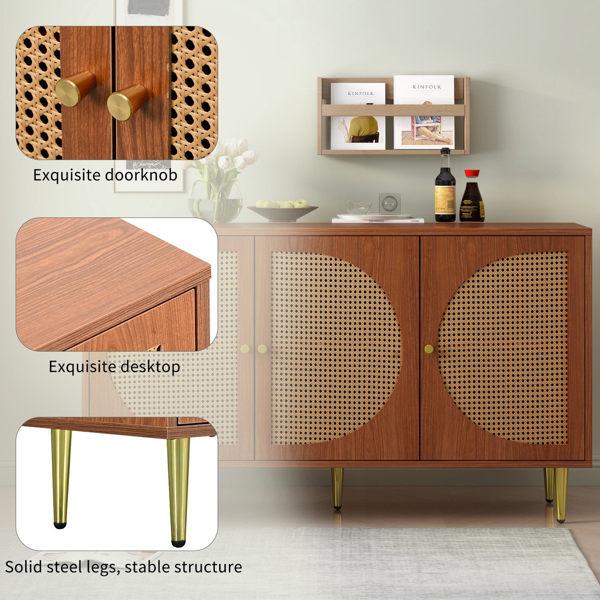 Merax Dressoir Houten Commode Kast - Dressoir met 3 Rotan Deuren - Bruin afbeelding 10