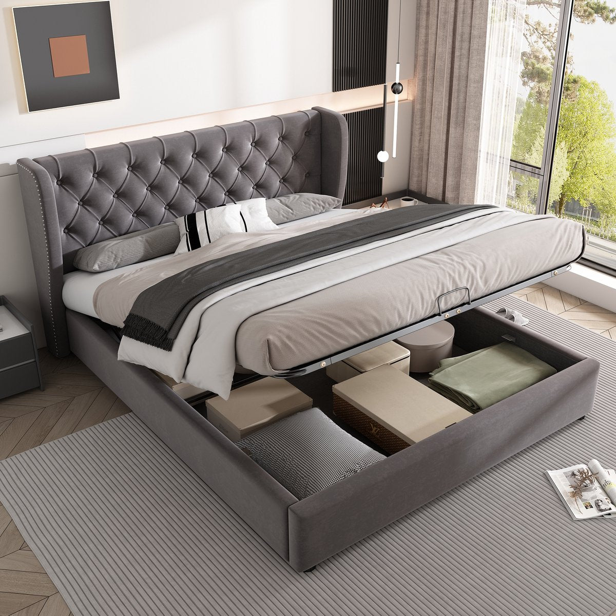 Merax Tweepersoonsbed 140 x 200 cm - Hydraulisch Gestoffeerd Bed met Opbergruimte - Grijs afbeelding 16
