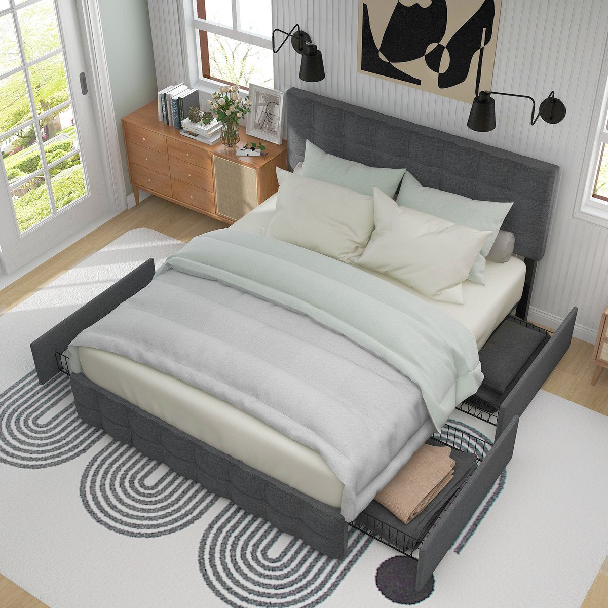 Merax Gestoffeerd Tweepersoonsbed 140 x 200 cm - Inclusief Matras - Hydraulisch bed met lattenbodem en Matras 'Äì Grijs afbeelding 5