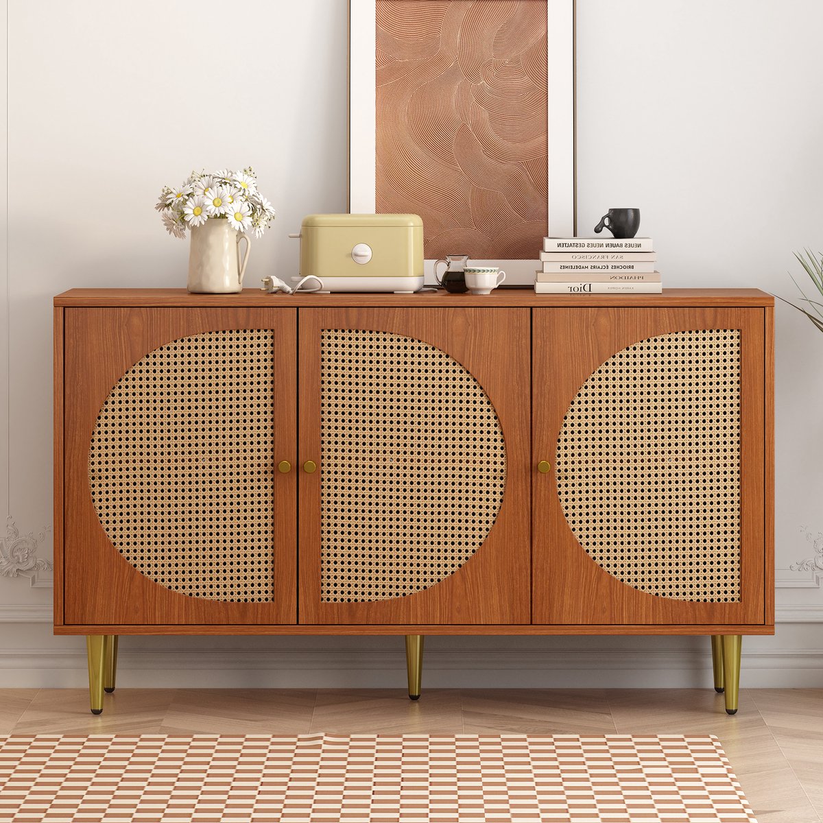 Merax Dressoir Houten Commode Kast - Dressoir met 3 Rotan Deuren - Bruin afbeelding 16