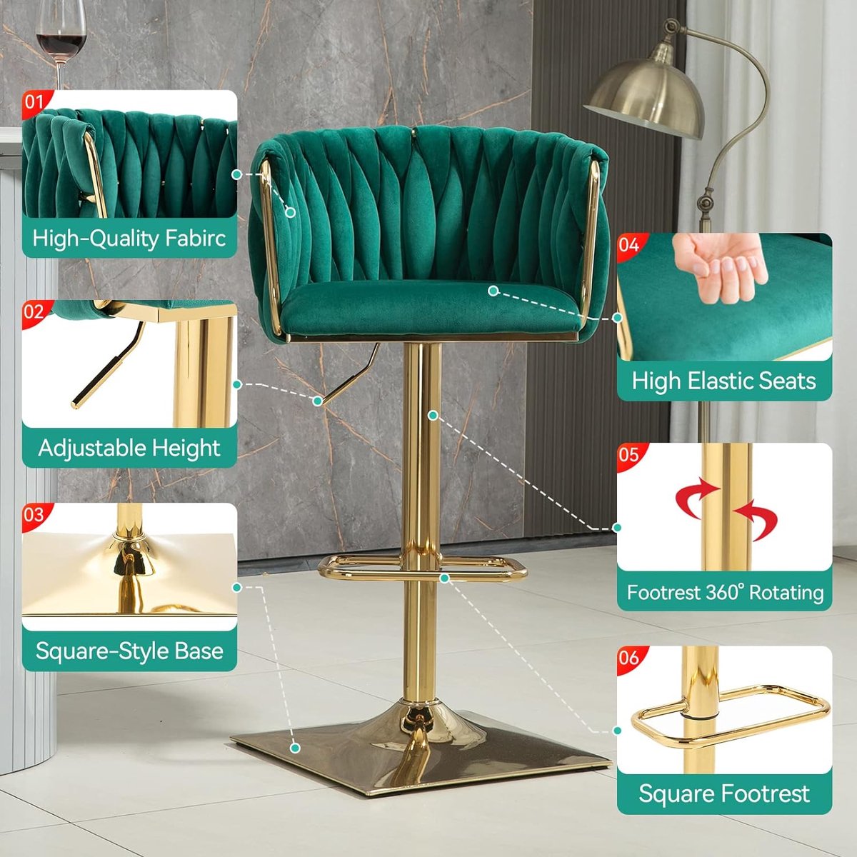 Merax Vintage Barkruk Set van 2 - Barkruk - Barstoel met Voetensteun en Rugleuning - Groen met Gouden afbeelding 19