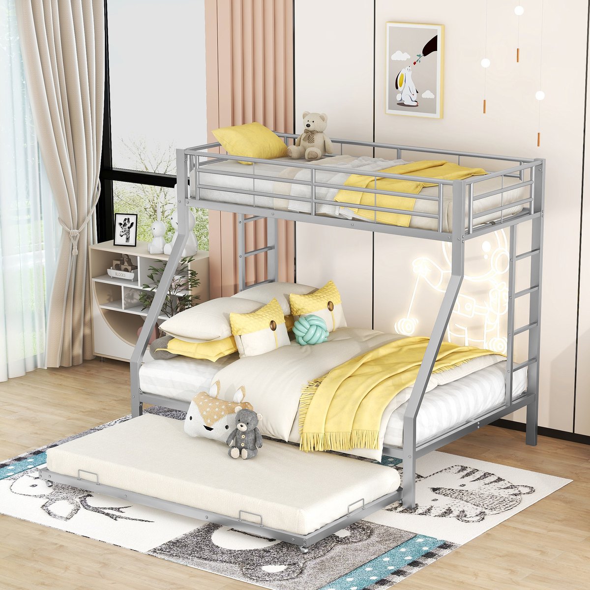 Merax Stapelbed voor 3 personen - 3 Persoons Bed met Onderschuifbed - Zilver afbeelding 3