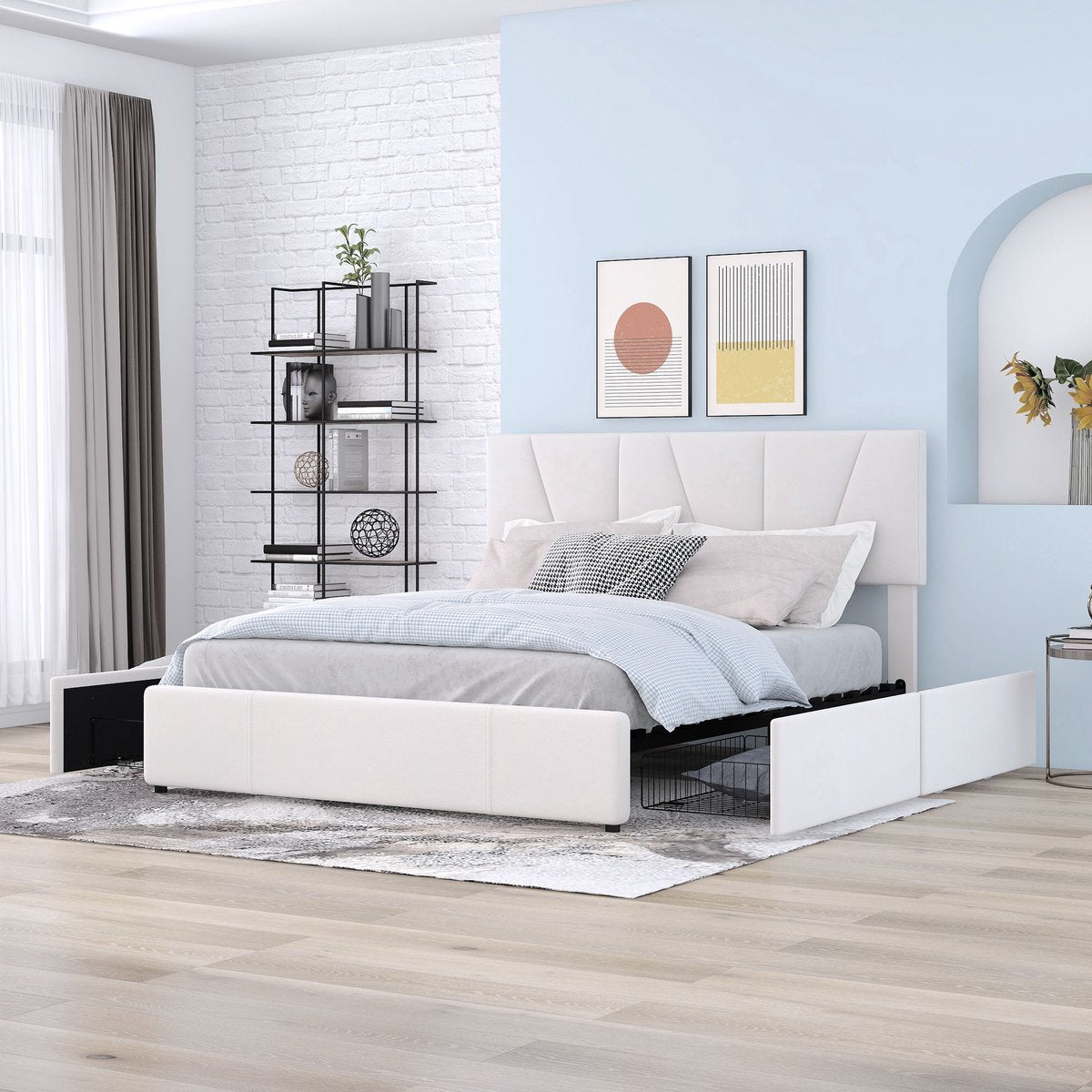 Merax Tweepersoonsbed 140x200 cm - Gestoffeerd Bed met Opbergruimte - Wit afbeelding 4