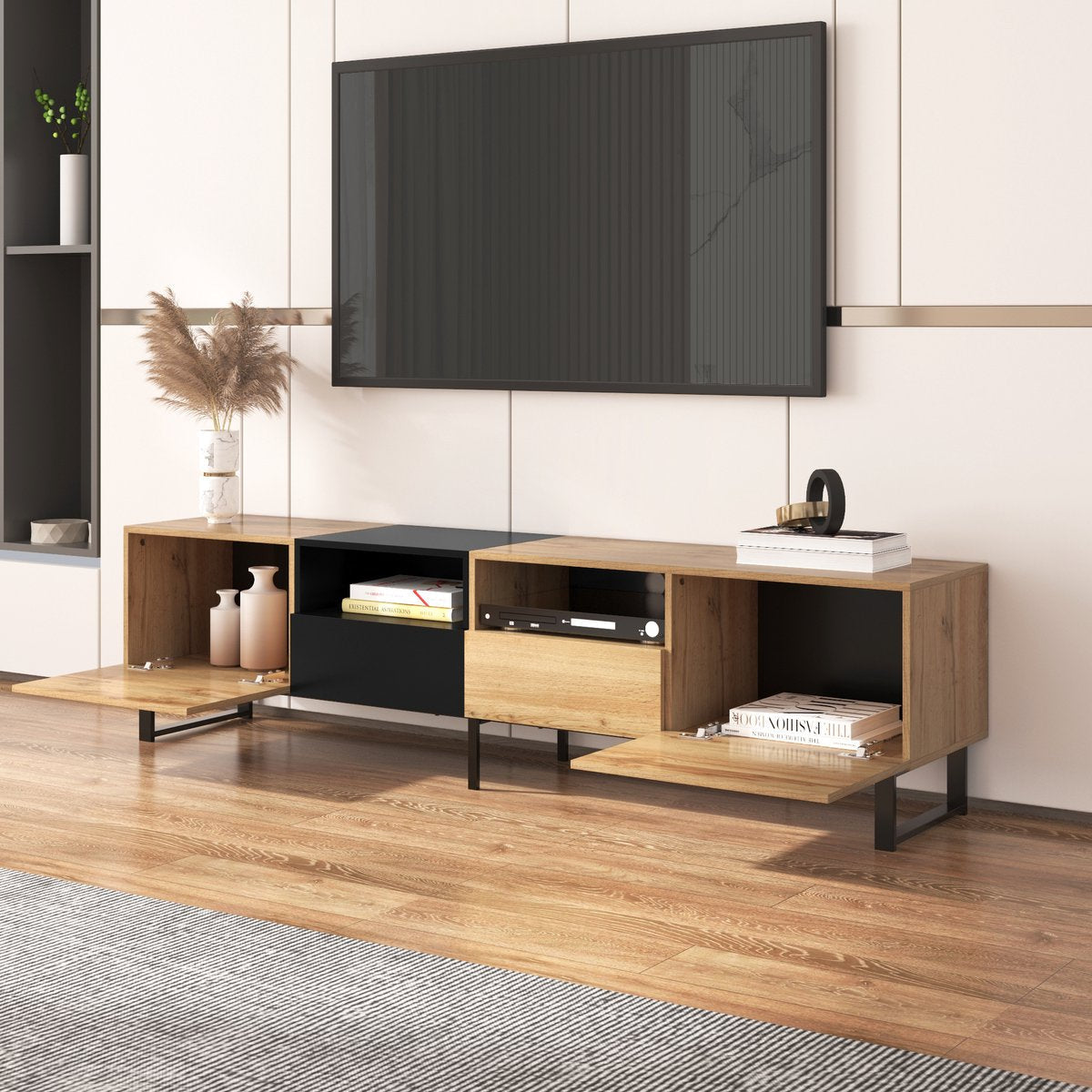 Merax TV-Meubel - Moderne TV Kast met Opbergruimte - Zwart met Bruin afbeelding 22