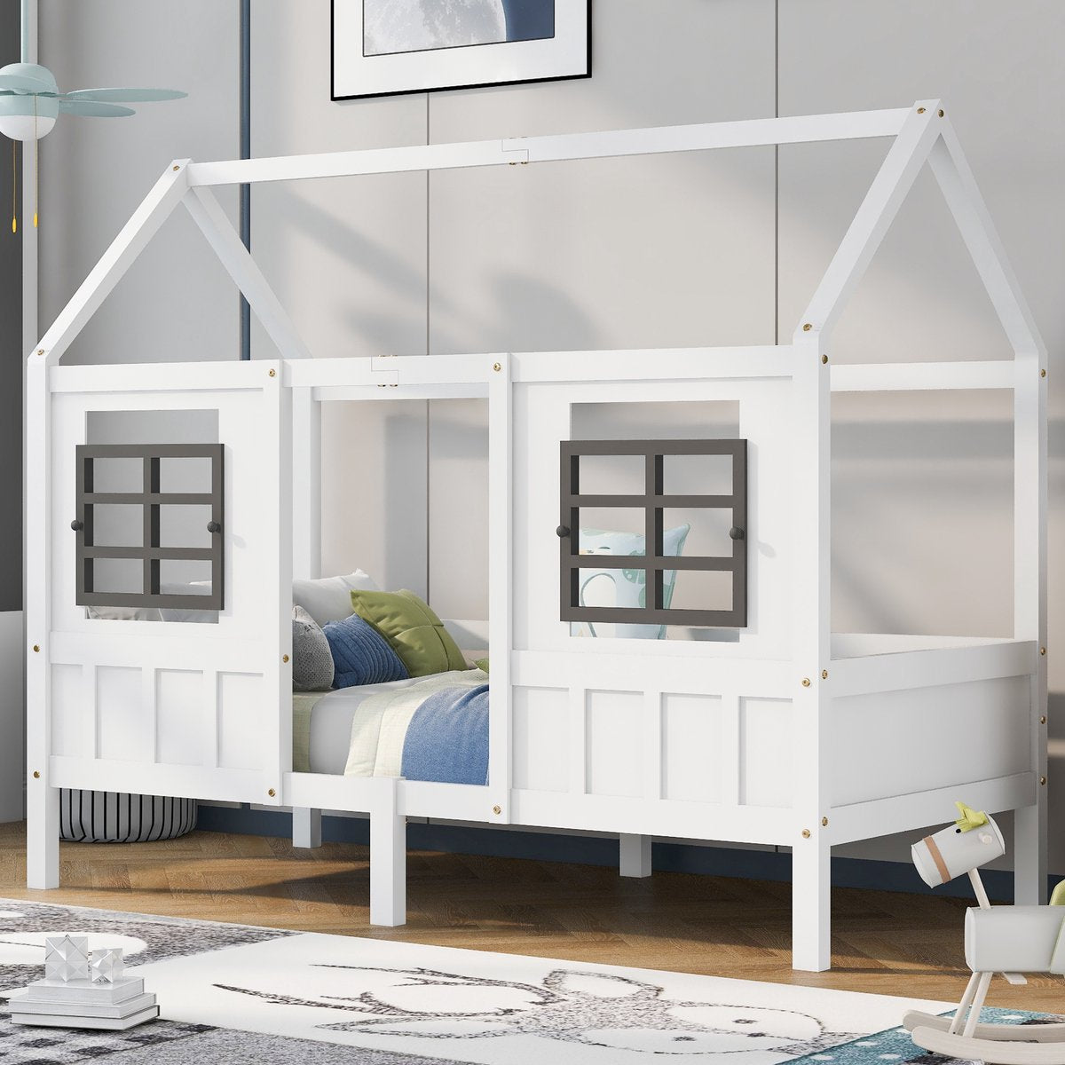 Merax Huisbed - Kinderbed - Peuterbed met Uitvalbeveiliging - Wit afbeelding 5