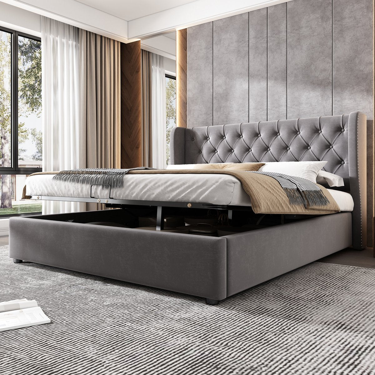 Merax Tweepersoonsbed 140 x 200 cm - Hydraulisch Gestoffeerd Bed met Opbergruimte - Grijs afbeelding 3