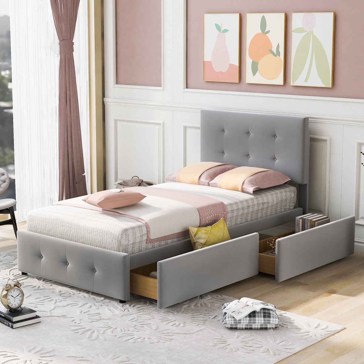 Merax Gestoffeerd Eenpersoonsbed met Lades 90 x 200 CM - Bed met Opbergruimte - Grijs afbeelding 14