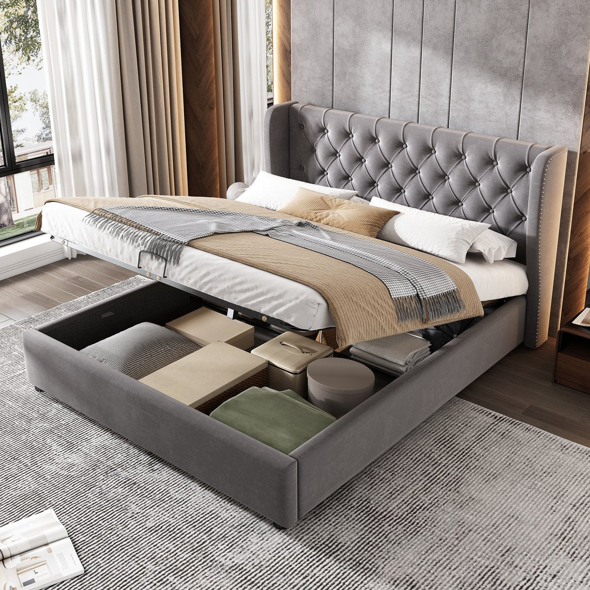 Merax Tweepersoonsbed 140 x 200 cm - Hydraulisch Gestoffeerd Bed met Opbergruimte - Grijs afbeelding 12