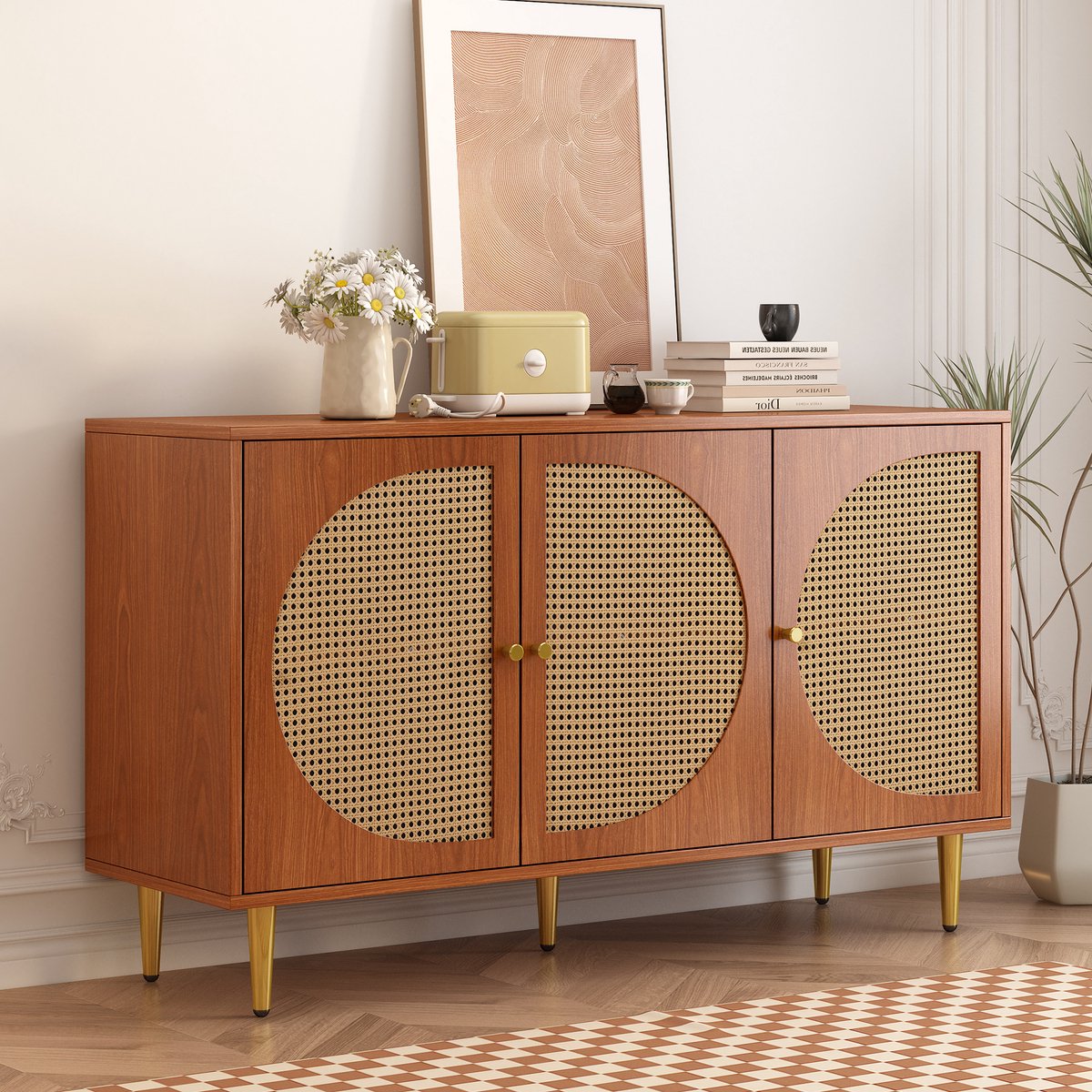 Merax Dressoir Houten Commode Kast - Dressoir met 3 Rotan Deuren - Bruin afbeelding 20