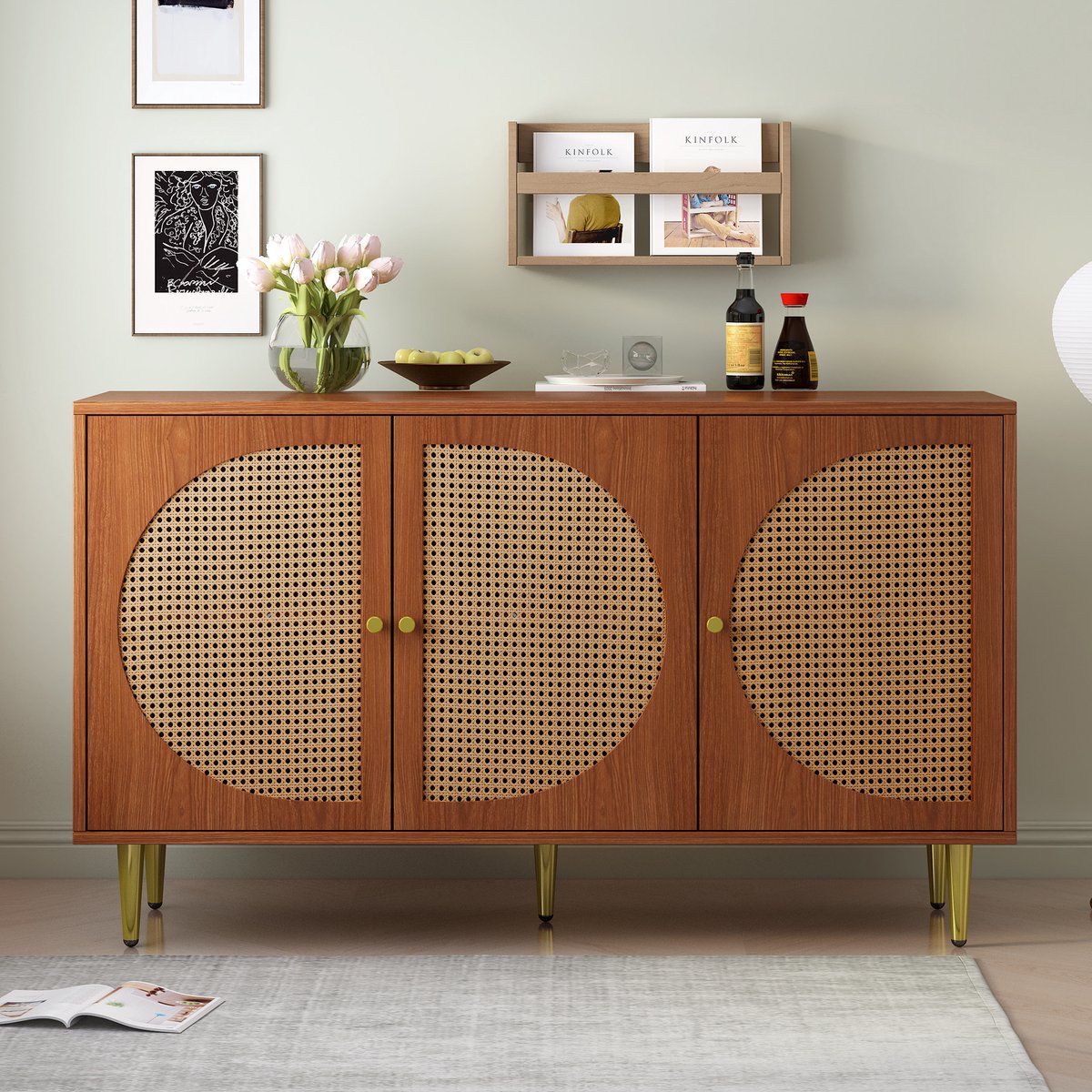 Merax Dressoir Houten Commode Kast - Dressoir met 3 Rotan Deuren - Bruin afbeelding 4