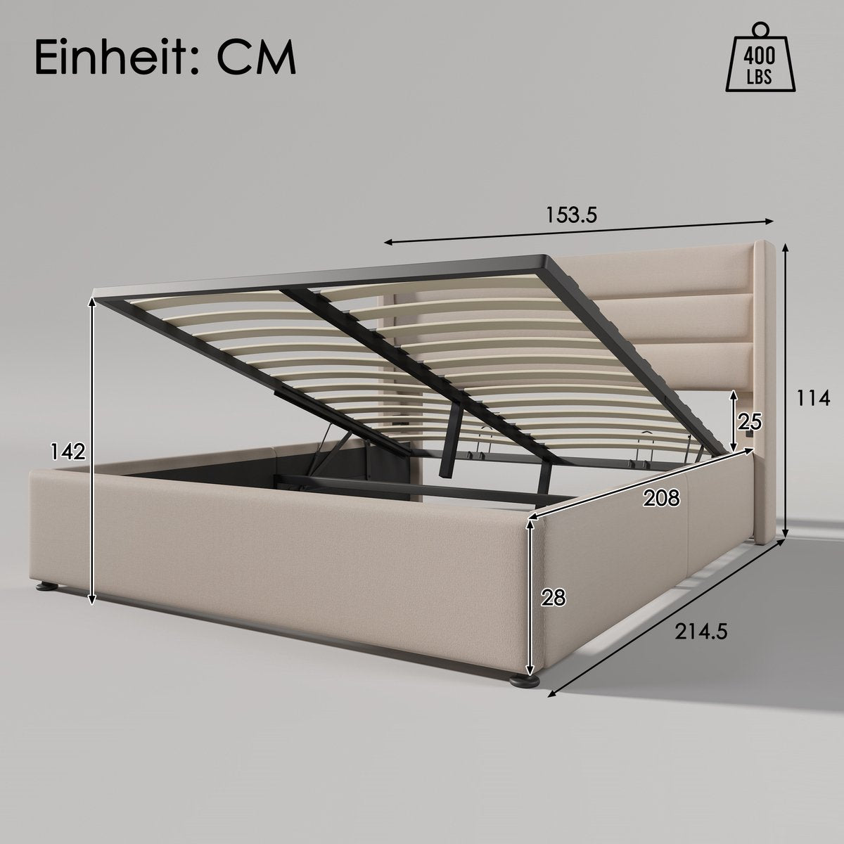 Merax Gestoffeerd Tweepersoonsbed 140 x 200 cm - Hydraulisch Bed met Lattenbodem - Beige afbeelding 3