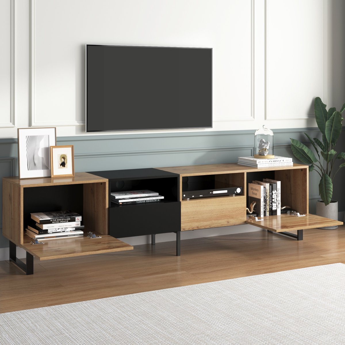 Merax TV-Meubel - Moderne TV Kast met Opbergruimte - Zwart met Bruin afbeelding 5