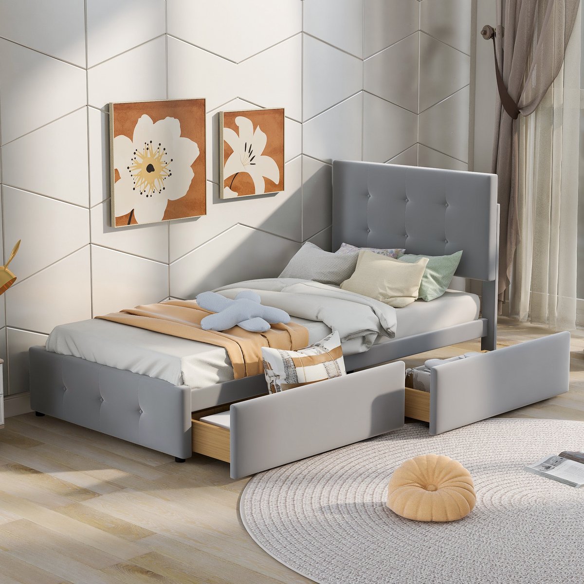 Merax Gestoffeerd Eenpersoonsbed met Lades 90 x 200 CM - Bed met Opbergruimte - Grijs afbeelding 11