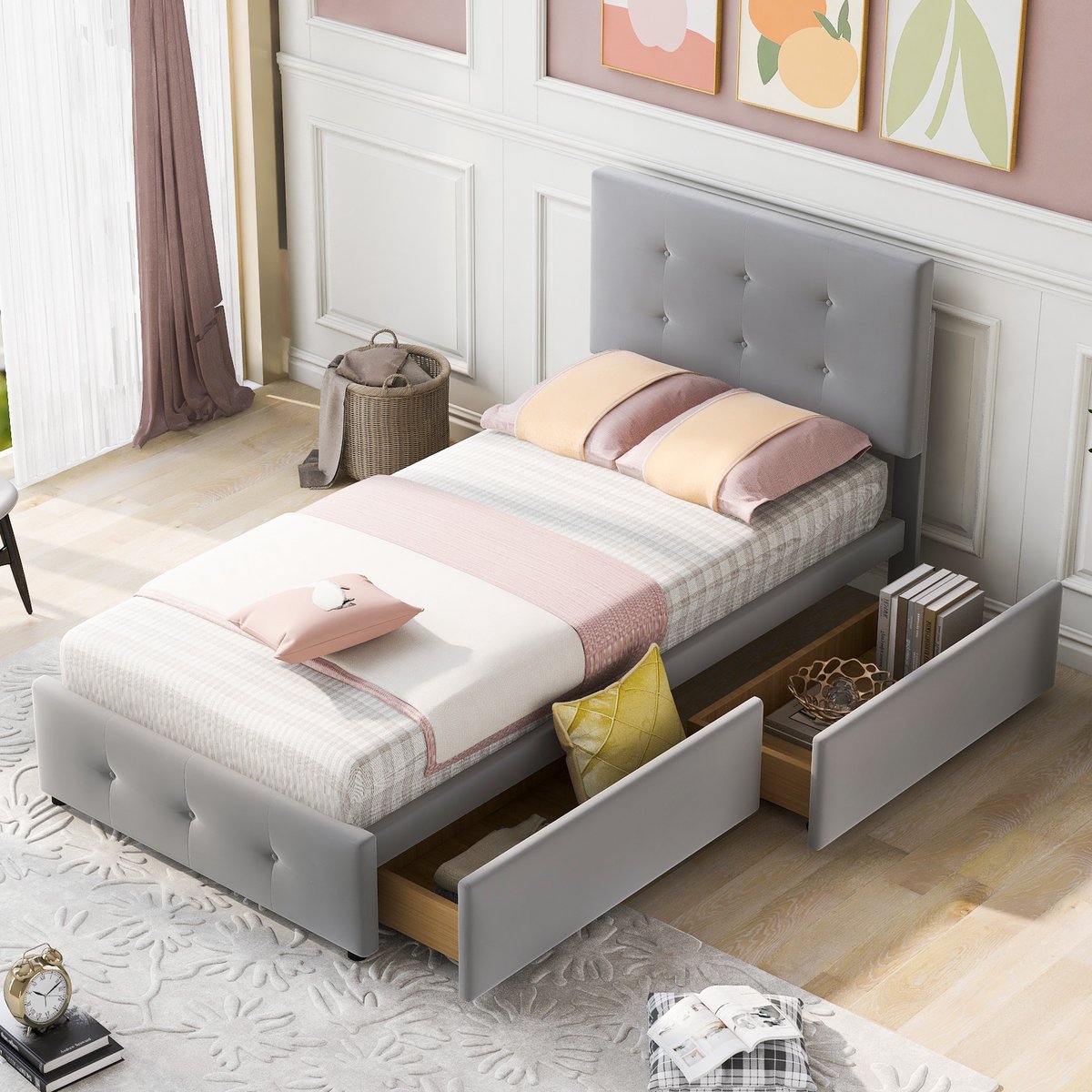 Merax Gestoffeerd Eenpersoonsbed met Lades 90 x 200 CM - Bed met Opbergruimte - Grijs afbeelding 5
