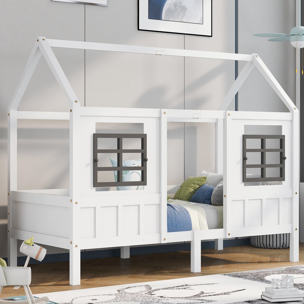 Merax Huisbed - Kinderbed - Peuterbed met Uitvalbeveiliging - Wit afbeelding 3