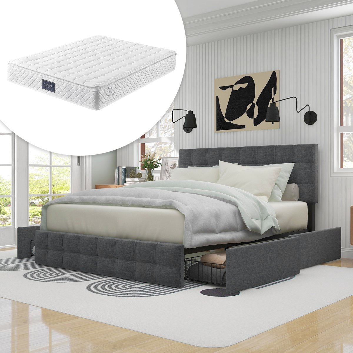 Merax Gestoffeerd Tweepersoonsbed 140 x 200 cm - Inclusief Matras - Hydraulisch bed met lattenbodem en Matras 'Äì Grijs afbeelding 4