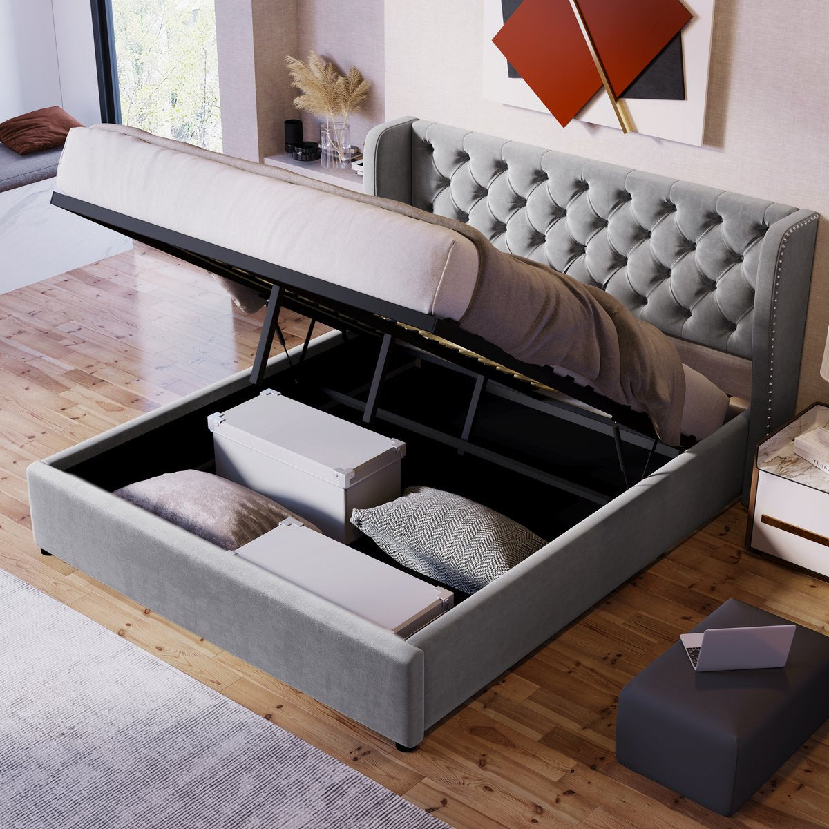 Merax Tweepersoonsbed 140 x 200 cm - Hydraulisch Gestoffeerd Bed met Opbergruimte - Grijs afbeelding 4