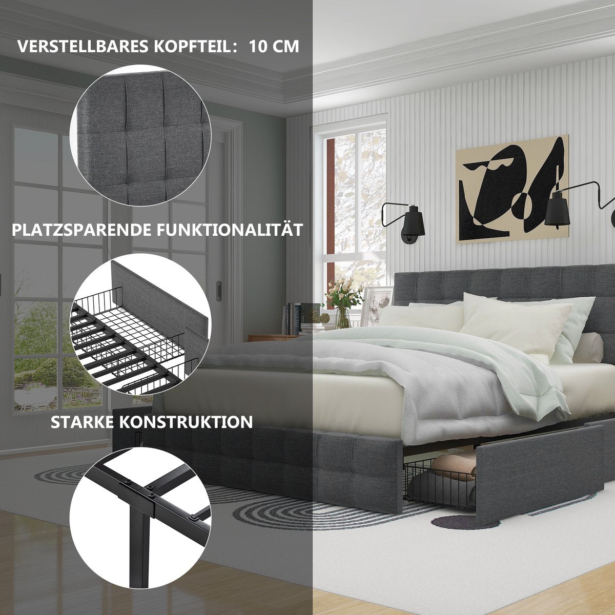 Merax Gestoffeerd Tweepersoonsbed 140 x 200 cm - Inclusief Matras - Hydraulisch bed met lattenbodem en Matras 'Äì Grijs afbeelding 11