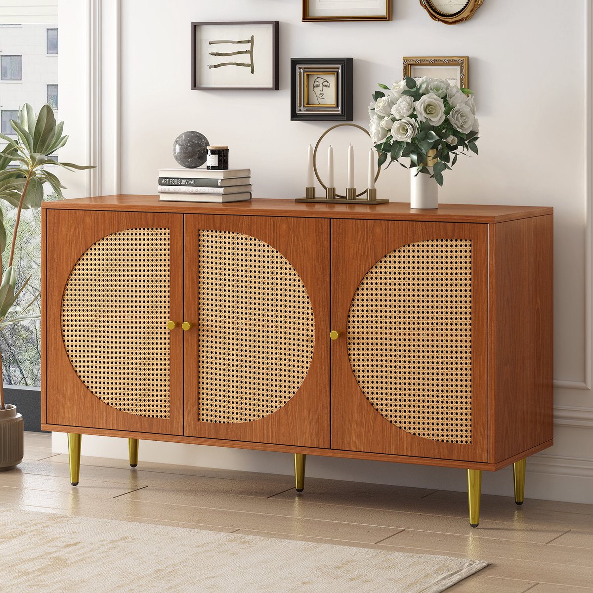 Merax Dressoir Houten Commode Kast - Dressoir met 3 Rotan Deuren - Bruin afbeelding 3
