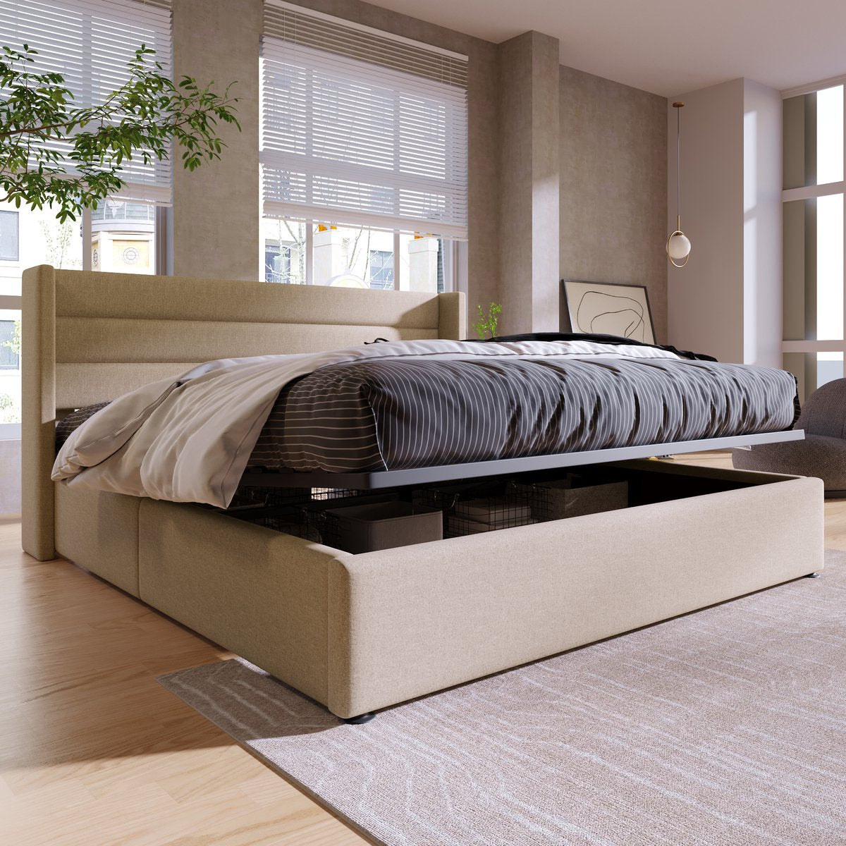 Merax Gestoffeerd Tweepersoonsbed 140 x 200 cm - Hydraulisch Bed met Lattenbodem - Beige afbeelding 5