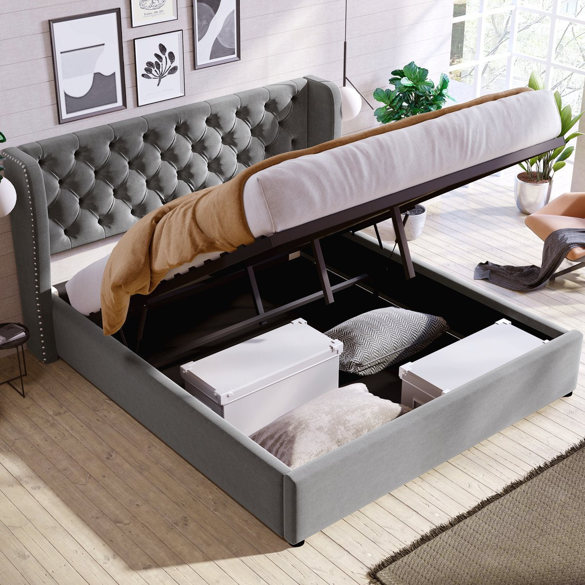 Merax Tweepersoonsbed 140 x 200 cm - Hydraulisch Gestoffeerd Bed met Opbergruimte - Grijs afbeelding 5