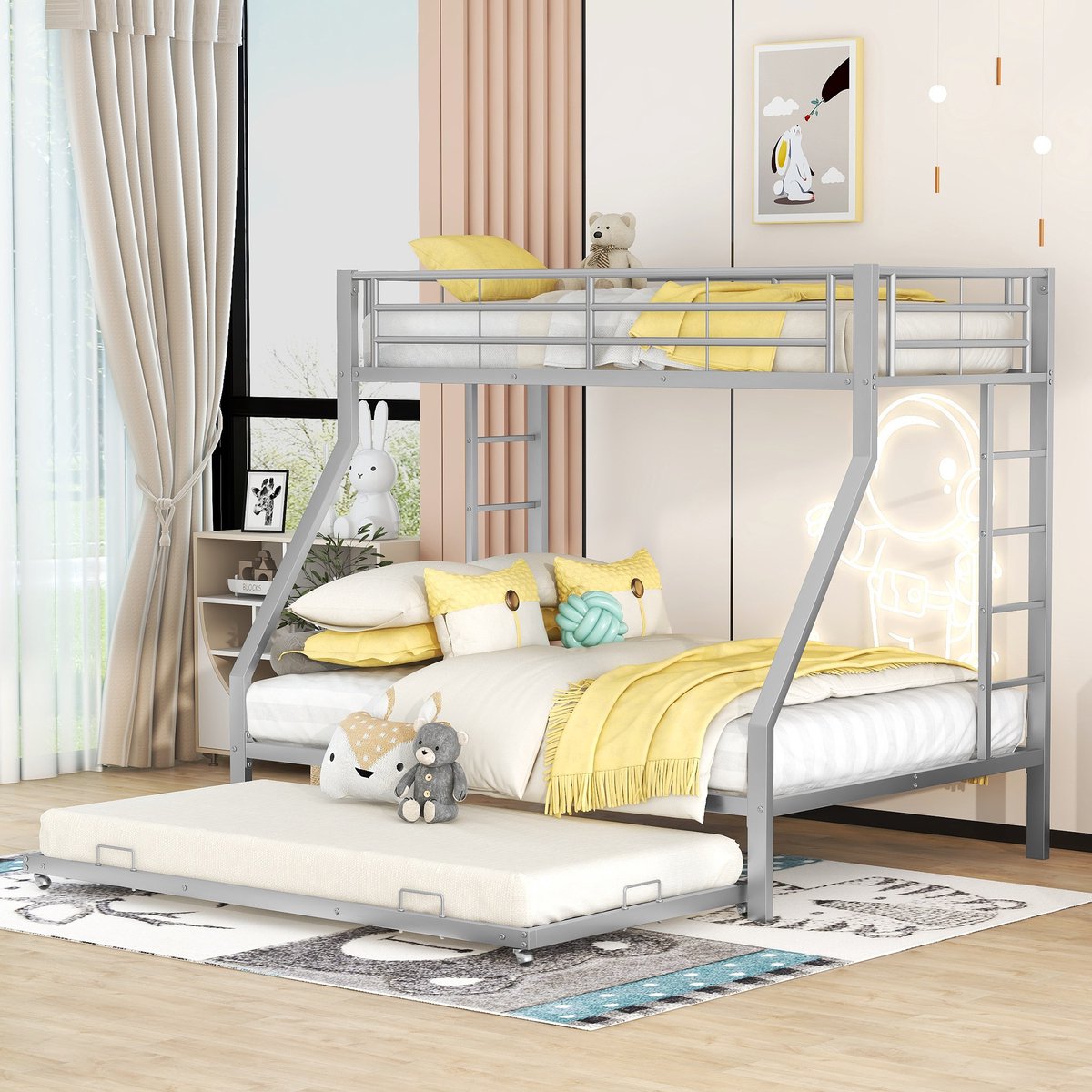 Merax Stapelbed voor 3 personen - 3 Persoons Bed met Onderschuifbed - Zilver afbeelding 4